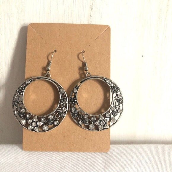 Ornate Open Circle Star Rhinestone Pierced Dangle Earrings - Picture 2 of 7